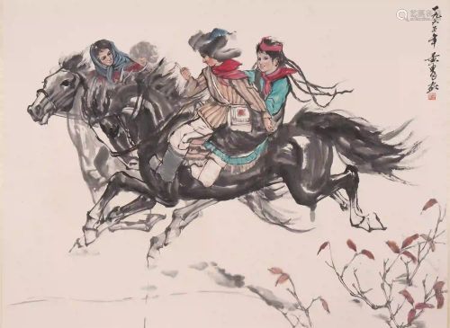 A CHINESE PAINTING OF PEOPLE RIDING HORSES