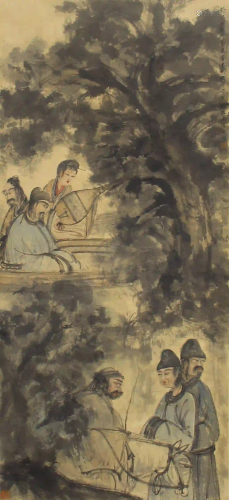 CHINESE SCROLL OF PAINTING FIGURES STORY UNDER TREE