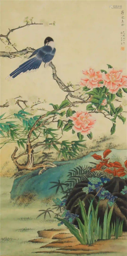 CHINESE SCROLL OF COLORFUL PAINTING FLOWERS AND…