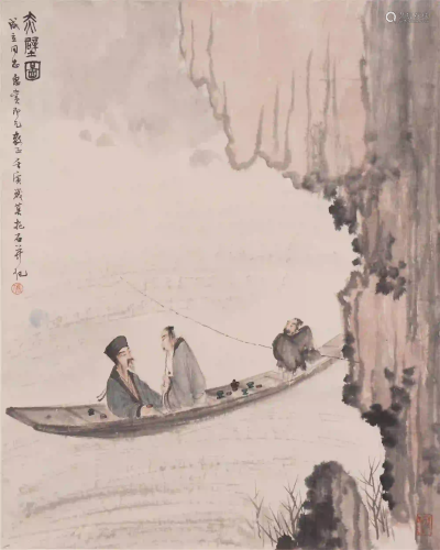 A CHINESE SCROLL PAINTING OF SCHOLAR'S SEATED ON BOAT