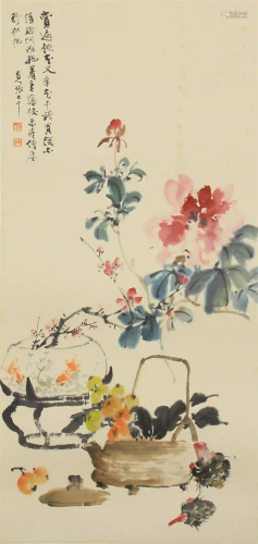 CHINESE SCROLL OF COLORFUL PAINTING FLOWERS