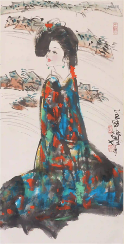 A CHINESE COLORFUL PAINTING OF BEAUTIFUL GIRL