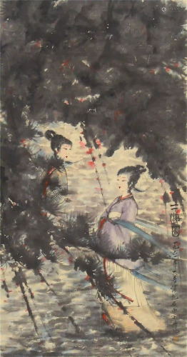 CHINESE SCROLL OF PAINTING BEAUTY GIRLS UNDER PINE TREE
