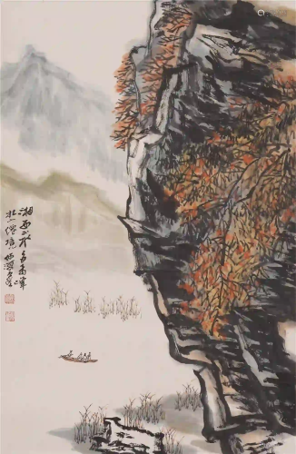 A CHINESE SCROLL OF PAINTING MOUNTAINS FIGURE STORY
