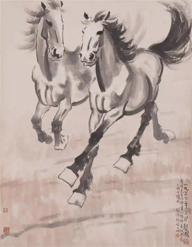 A CHINESE SCROLL PAINTING OF FINE HORSES