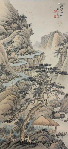 CHINESE SCROLL OF PAINTING MOUNTIANS AND RIVER