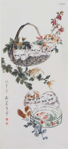 CHINESE COLOR PAINTING OF CATS, FISHES AND FLOWERS