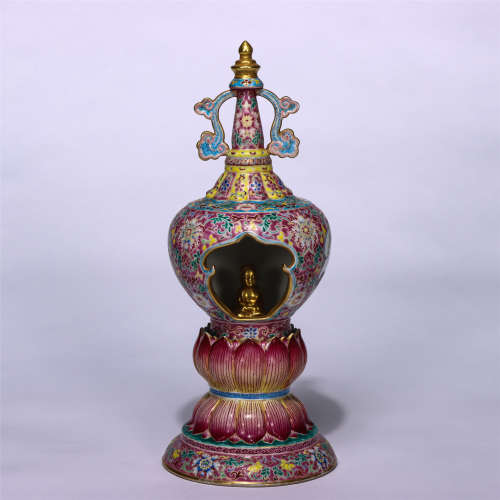CHINESE FAMILLE ROSE LOTUS PEDESTAL NICHE AND SMALL FIGURINE