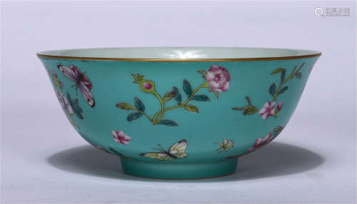 CHINESE BLUE GROUND FAMILLE ROSE FLOWER & BUTTERFLY BOWL