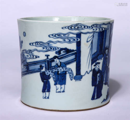 CHINESE BLUE AND WHTIE FIGURES STORY BRUSH POT