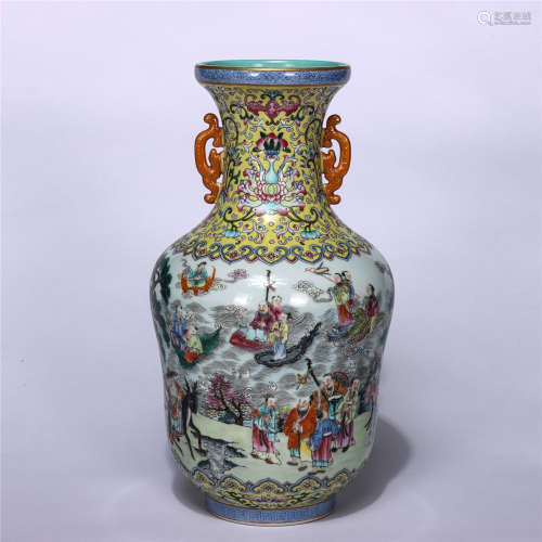 CHINESE FAMILLE ROSE FIGURE STORY DOUBLE HANDLE VASE