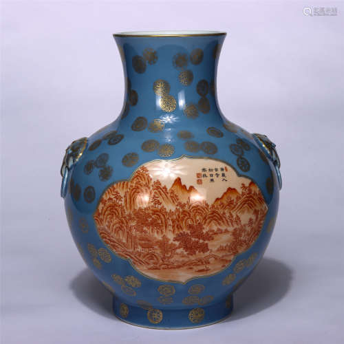 CHINESE BLUE GROUND GOLD PATTERNS DOUBLE HANDLE ZUN
