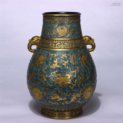 CHINESE GOLD-PAINTED FLOWERS DOUBLE HANDLE FLAT VASE