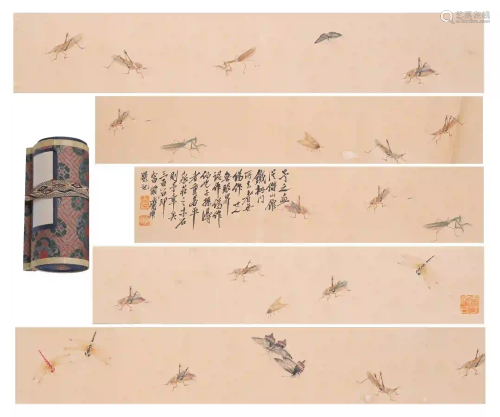 CHINESE HAND SCROLL FINE BRUSHWORK PAINTING OF INSECTS