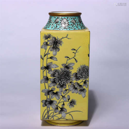 CHINESE YELLOW-GROUND FLOWER-AND-PLANT SQUARE VASE