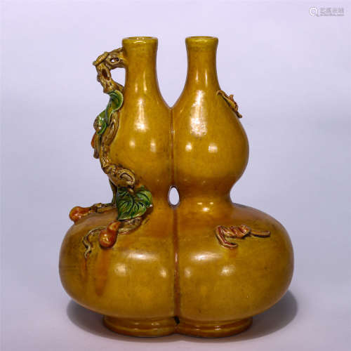 CHINESE YELLOW GROUND RELIEFT CARVING DOUBLE-GOURD VASE