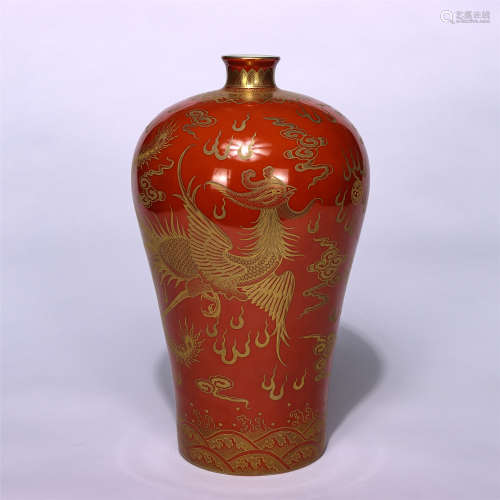 CHINESE RED GROUND GOLD-PAINTING DRAGON PHOENIX MEIPING