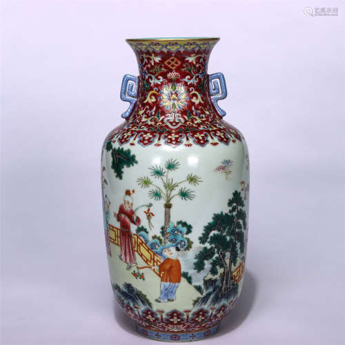 CHINESE FAMILLE ROSE FIGURE STORY DOUBLE HANDLE WAX GOURD VASE
