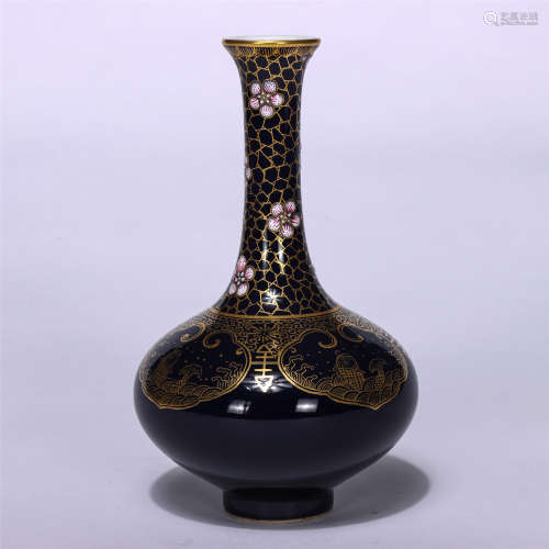 CHINESE BLUE GLAZE GOLD-PAINTED FLOWER PATTERN SMALL VASE