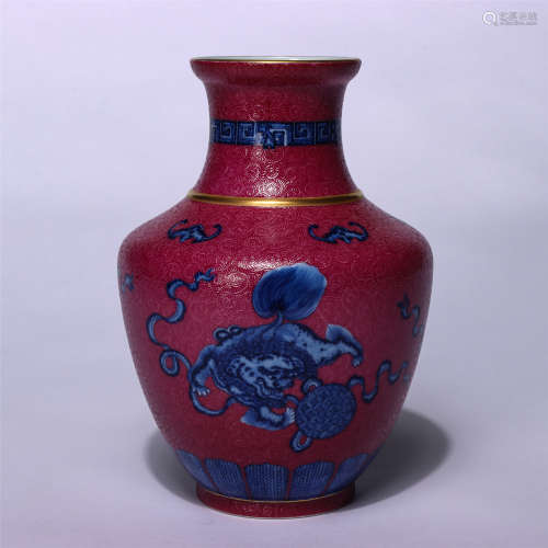 CHINESE RED GROUND BLUE&WHITE LION AND COILED PATTERNS ZUN