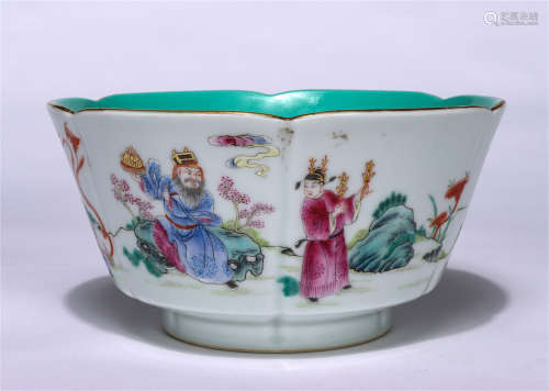 CHINESE FAMILLE ROSE FIGURE STORY FLOWER MOUTH BOWL