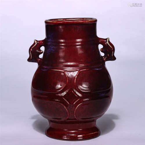 CHINESE RED GLAZE ENGRAVED PATTERNS DOUBLE HANDLE ZUN VASE