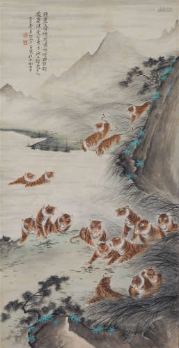 CHINESE PAINTING OF TIGERS PLAYING BY THE MOUNTAIN LAKES