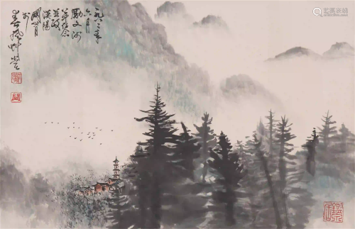 A CHINESE INK PAINTING OF MOUNTAINS SCENERY