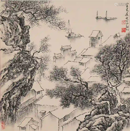 A CHINESE SCROLL INK PAINTING OF LANDSCAPES