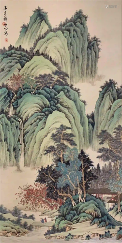CHINESE SCROLL OF PAINTING GREEN MOUNTAINS AND PINE