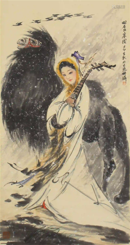 CHINESE SCROLL OF PAINTING GIRL AND CAMEL