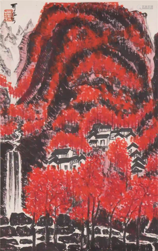 A CHINESE PAINTING OF RED MOUNTAINS SCENERY