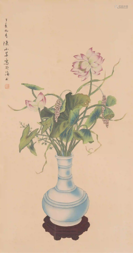 A CHINESE SCROLL PAINTING OF FLOWERS BY FINE BRUSHWORK