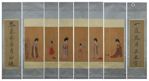 CHINESE HANGING SCROLLS OF PAINTINGS OF LADIES AND COUPLET