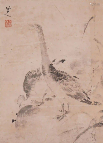 A CHINESE SCROLL PAINTING OF REED AND WILD GEESE
