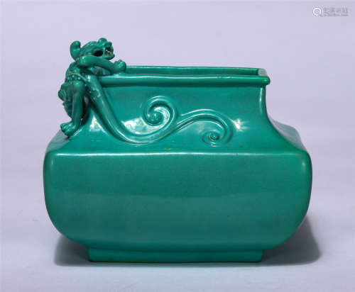 CHINESE CELADON GLAZE COILED DRAGON DECO SQUARE WASHER