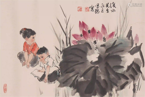 A CHINESE PAINTING OF CHILDREN PLAYFULNESS AND FLOWER