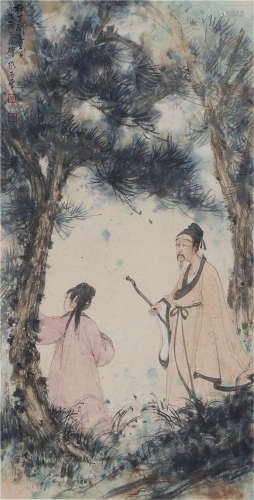 CHINESE LIGHT COLOR PAINTING OF FIGURES IN PINE TREE GROVE