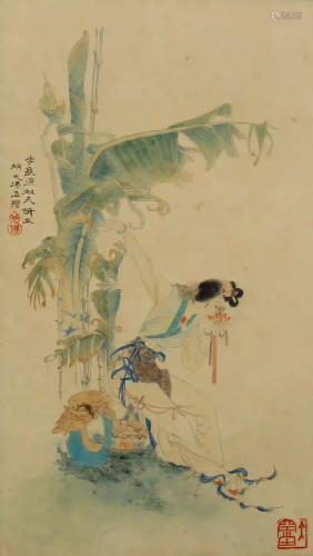 CHINESE SCROLL OF PAINTING LADY UNDER PLANTAINS