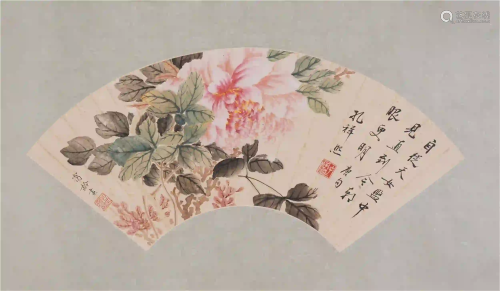 A CHINESE FAN SHAPED PAINTING OF FLOWERS