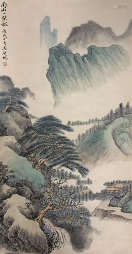CHINESE SCROLL OF PAINTING GREEN MOUNTAINS LANDSCAPE