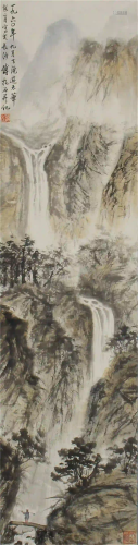 CHINESE SCROLL OF PAINTING WATERFALL AND MOUNTAINS