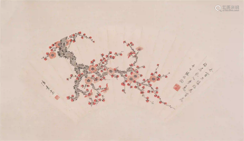A CHINESE FAN SHAPED PAINTING OF PLUM BLOSSOM