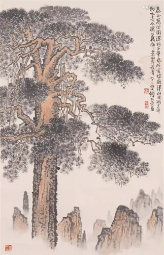 A CHINESE SCROLL PAINTING OF STURDY PINES
