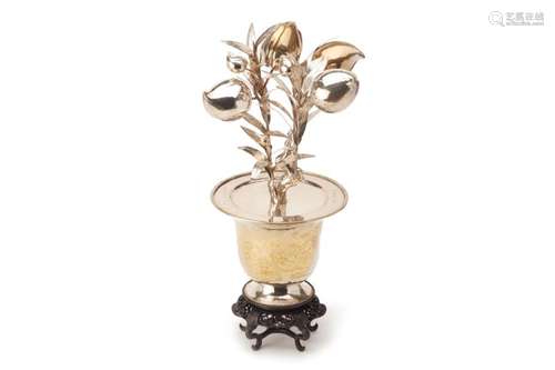 A CHINESE SILVER PLATED MODEL OF A POTTED PEACH TREE