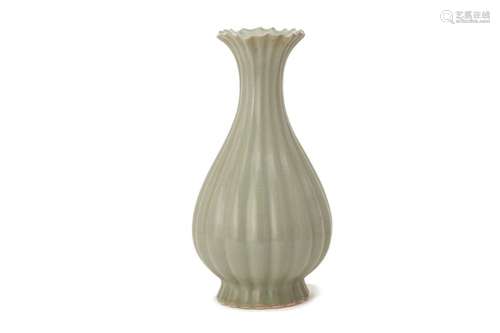 A FLUTED CELADON GLAZED PEAR SHAPED PORCELAIN VASE