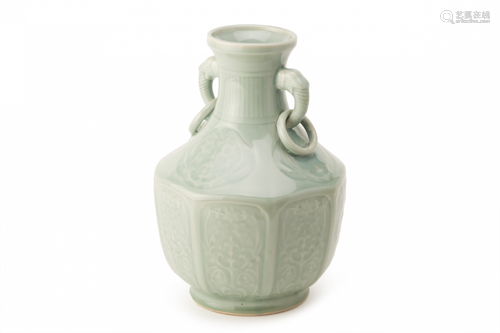 A CELADON GLAZED HU SHAPE TWIN HANDLED VASE