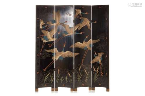 A FOUR-FOLD LACQUER SCREEN DECORATED WITH CRANES