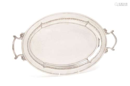 A SILVER PLATED TWIN-HANDLED OVAL TRAY