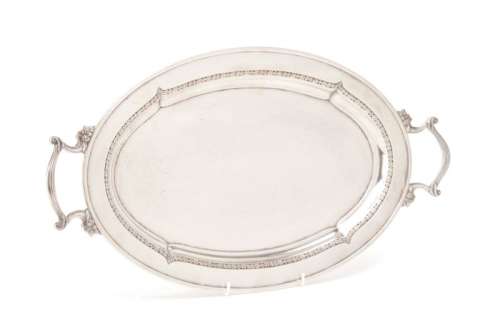 A SILVER PLATED TWIN-HANDLED OVAL TRAY